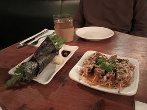 Temaki sushi (left) and Satay skewers (right). at Vantra Vegan in London