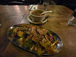 Kimchee salad. Tom Yum soup. at Vantra Vegan in London