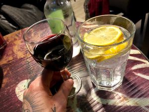 red wine & sparkling watet at Vantra Vegan in London