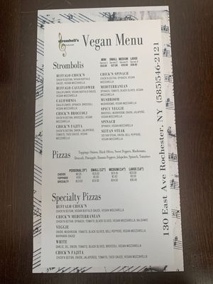 Vegan menu at Stromboli's Restaurant in Rochester