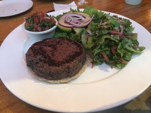        Vegan burger with side salad and salsa  at Green Papaya in Tamarindo