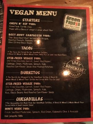 Vegan Menu at Green Papaya in Tamarindo