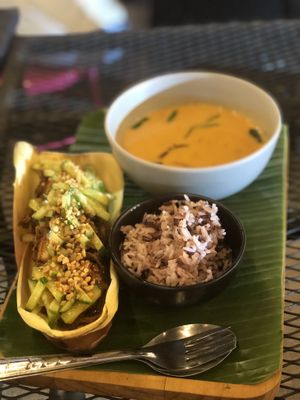 Rice, Tom yum, corn fritters at V Secret Street Food - Food Stall in Chiang Mai