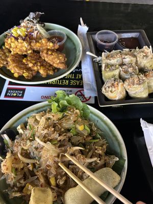 Clockwise: Corn fritters, cabbage rolls, pomelo salad  at V Secret Street Food - Food Stall in Chiang Mai