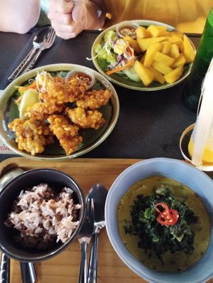 Corn fritters, deep fried tofu and spinach and tempeh curry at V Secret Street Food - Food Stall in Chiang Mai