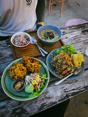 Tempeh and Spinach Curry, Corn Fritters and Tea Leaf Salad  at V Secret Street Food - Food Stall in Chiang Mai