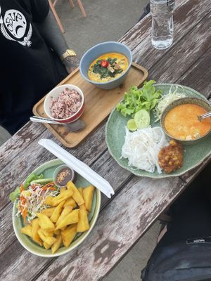 Rice Noodle with Cream Curry, Tempeh Spinach Curry and Tofu Fries  at V Secret Street Food - Food Stall in Chiang Mai