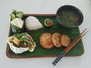 laab, tofu fritters and green leaf soup at V Secret Street Food - Food Stall in Chiang Mai