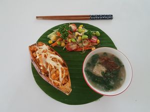 grated sweet potato, organixc salad and tofu green leaf soup at V Secret Street Food - Food Stall in Chiang Mai