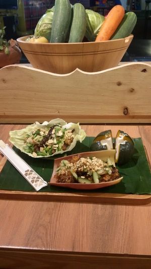 mushroom and banana flower set with  almond custard at V Secret Street Food - Food Stall in Chiang Mai