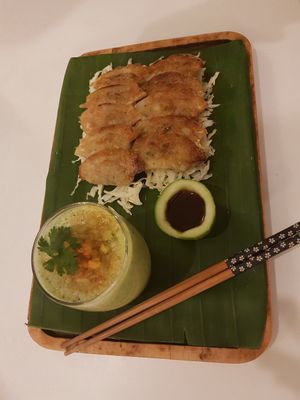 vegetarian gyoza and cucumber chilled soup at V Secret Street Food - Food Stall in Chiang Mai