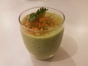 Chilled cucumber soup to cool down summer heat. Green gazpacho at V Secret Street Food - Food Stall in Chiang Mai