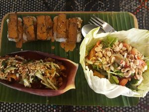 Tofu sushi - banana flower fritters - crispy mushroom salad at V Secret Street Food - Food Stall in Chiang Mai