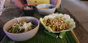 Tom yum soup, rice something soup, crispy mushroom salad (the best) at V Secret Street Food - Food Stall in Chiang Mai