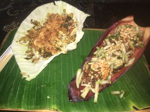 Tea leaf salad and banana and tofu fritters at V Secret Street Food - Food Stall in Chiang Mai
