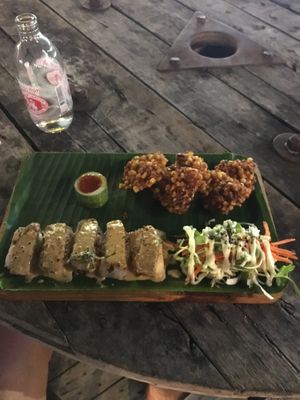 Mushroom sushi and corn fritters  at V Secret Street Food - Food Stall in Chiang Mai