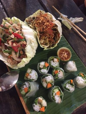 Tea leaf salad, crispy mushroom salad, fresh spring roll  at V Secret Street Food - Food Stall in Chiang Mai