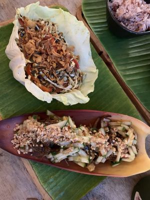 Tea leaf salad, tofu banana leaf fritters at V Secret Street Food - Food Stall in Chiang Mai
