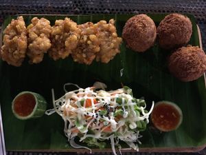 Corn fritters and potato croquettes - both just okay at V Secret Street Food - Food Stall in Chiang Mai