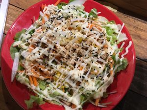 A giant plate of tempeh salad - only a very small amount of tempeh, but a fresh creamy salad at V Secret Street Food - Food Stall in Chiang Mai