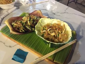 Banana blossom fritter and pomelo salad at V Secret Street Food - Food Stall in Chiang Mai