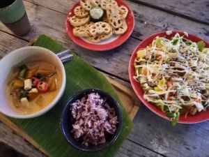 Lotus flower, pumpkin tofu curry and tempeh salad at V Secret Street Food - Food Stall in Chiang Mai