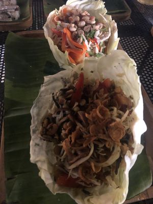 Tea leaves salad and crispy mushroom salad at V Secret Street Food - Food Stall in Chiang Mai
