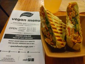 Pesto TVP wrap. And there are vegan options on a printed menu. at SpecialTEA Lounge in Miami