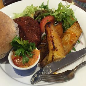 bean burger and wedges  at Henderson's Restaurant in Edinburgh