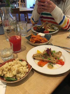 Nutty roll with seasonal veg and amazing sweet potato fries. (Vegan) at Henderson's Restaurant in Edinburgh