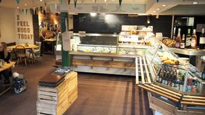 Counter by the entrance at Henderson's Restaurant in Edinburgh