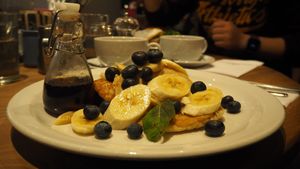 Vegan Pancakes [£6.95] with blueberries, bananas & maple syrup at Henderson's Restaurant in Edinburgh