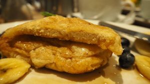 Vegan Pancakes [£6.95] with blueberries, bananas & maple syrup at Henderson's Restaurant in Edinburgh