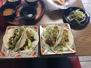 Black bean and corn tacos, jackfruit tacos, and sopes with spicy “chorizo” at El Azteca Taqueria in Cape Coral