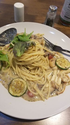 Vegan spaghetti in creme sauce at Veganday Cuisine in Taichung