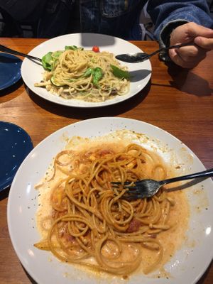 Truffle white sauce spaghetti, tomato and coconut sauce spaghetti  at Veganday Cuisine in Taichung