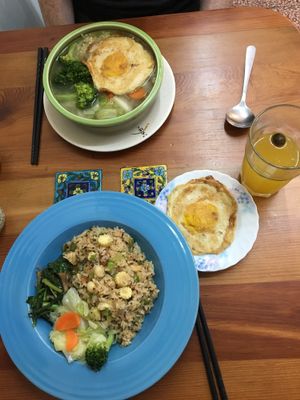 Nut fried rice and an egg on the side, and curly noodles. Recommended!  at A Niang Wei - happymomnkitchen in Taichung