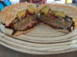 Vegan burger at Berlin, swapped potatoes and salad for fries at Belin Restaurante in Gran Canaria
