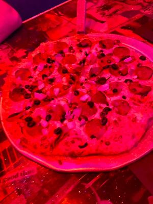 Vegan pepperoni, black olives, green peppers, onions   at Nice Guys Pizza and Beer in Cape Coral