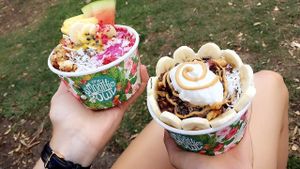pink pitaya bowl + chocolate peanut coconut bowl at The Smoothie Bowl in Takapuna