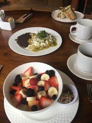 Fruit bowl, chilaquiles & breakfast burrito  at The Green Place in Puerto Vallarta