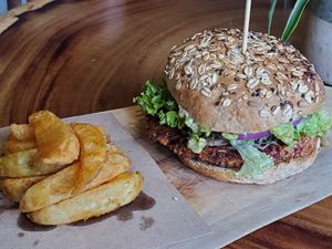 House lentil beet burger at The Green Place in Puerto Vallarta