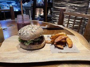 Chicago burger made with lentils and beets 😋 at The Green Place in Puerto Vallarta