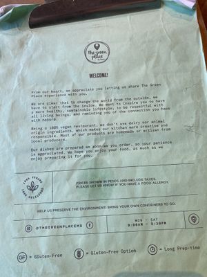 Menu at The Green Place in Puerto Vallarta