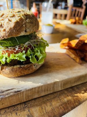 Burger with sweet potato fries   at The Green Place in Puerto Vallarta