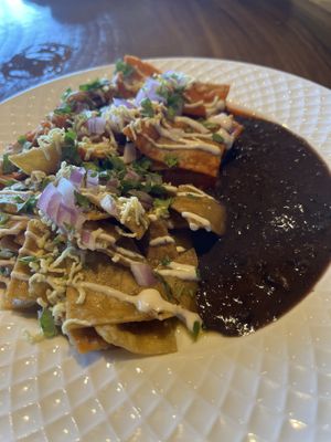 Red and green chilaquiles tradicionales  at The Green Place in Puerto Vallarta