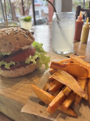 Portobello burger & sweet potato fries   at The Green Place in Puerto Vallarta