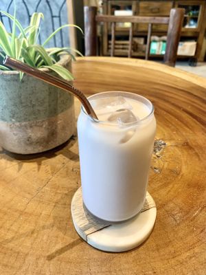 Taro latte with soy milk   at The Green Place in Puerto Vallarta