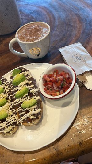 Molletes y chocolate caliente  at The Green Place in Puerto Vallarta