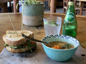 Well, THAT was delicious!  Veggie soup was a bit salty, but didn’t stop me from finishing it! Then a veggie sandwich with sourdough bread and minus the eggplant. ☺️ #Veganuar at The Green Place in Puerto Vallarta